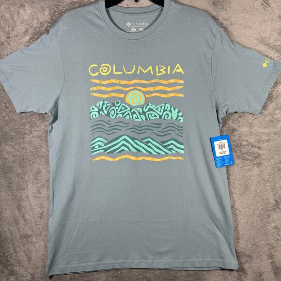Columbia Men's L Shirt Tribe‎ Graphic Stone Blue Sportswear Cotton NWT - Picture 1 of 7